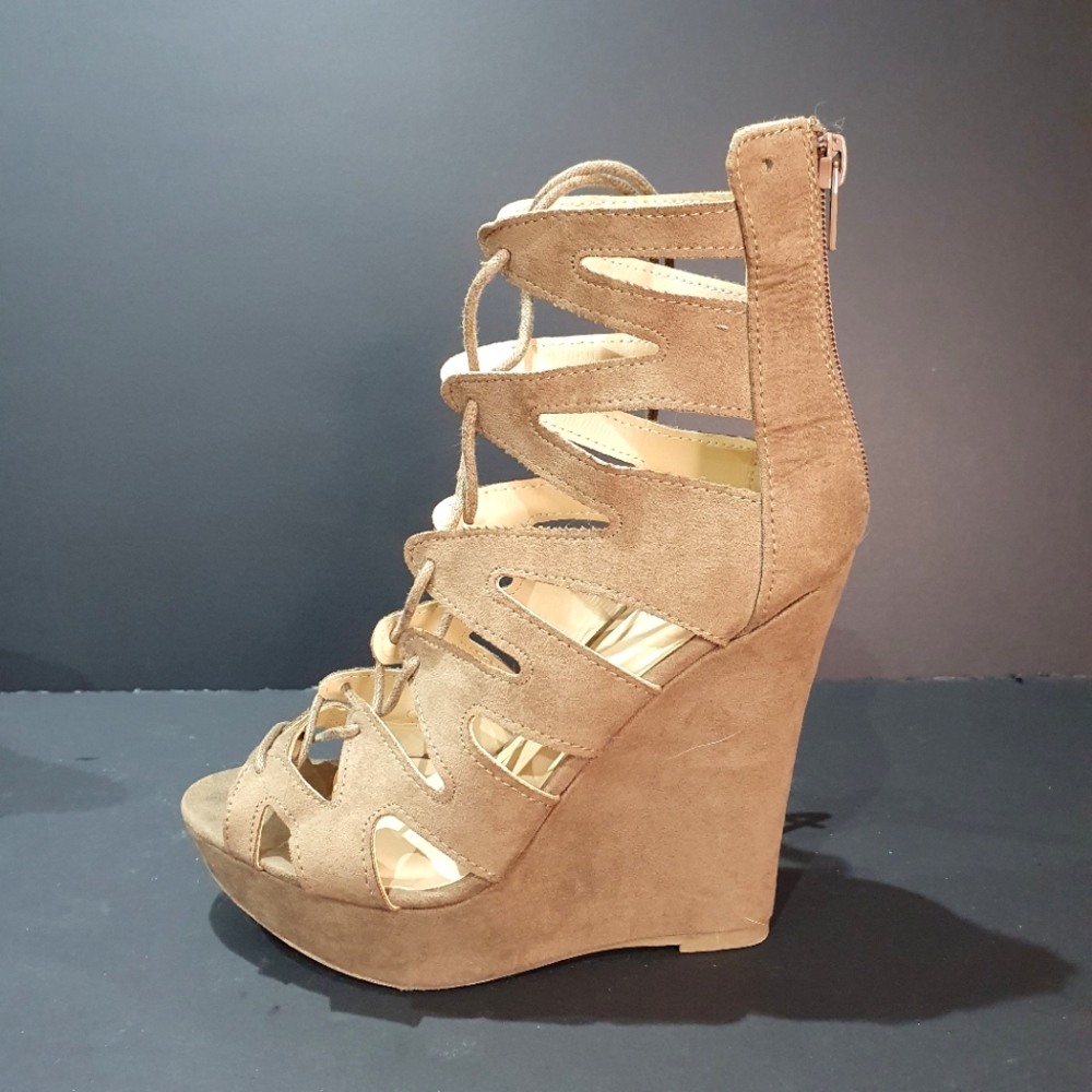 New Charlotte Russe Lace Up Suede Beige Platform Wedge Heels